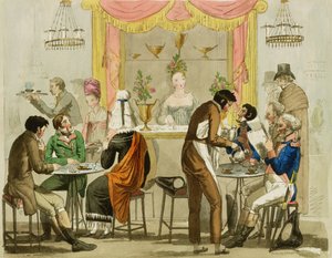 コーヒーハウス、パブのインテリア。ウィリアム・ピアマン図書館用、1819年（カラーエッチング） 作： English School